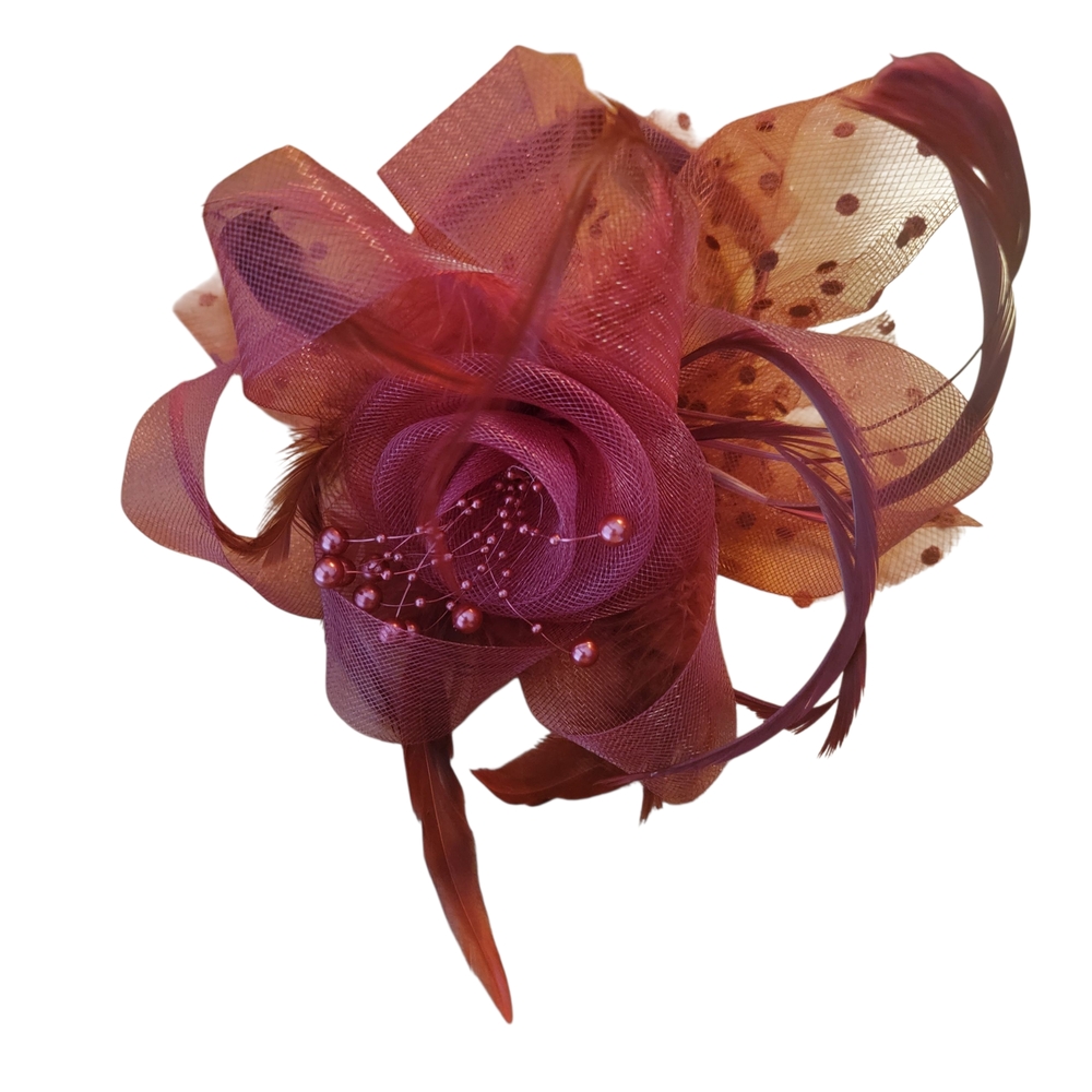 Burgundy Floral Feather Hair Fascinator with Pearled Accents